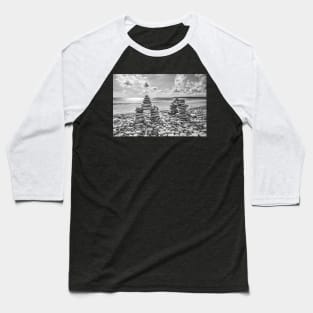 Rock Cairns On Amroth Beach, Wales, Black And White Baseball T-Shirt